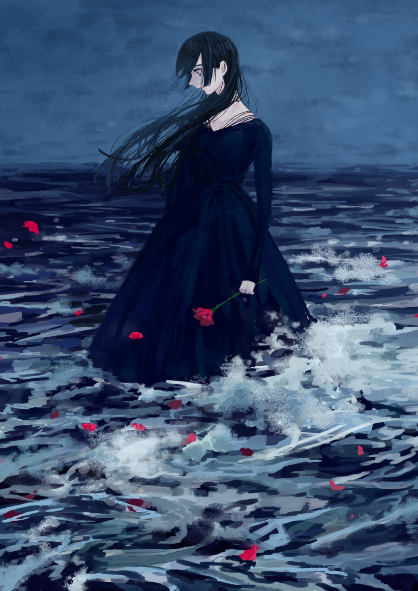 1girl black_dress black_hair dress dyuba000 flower grey_hair highres holding holding_flower long_dress long_hair night ocean original overcast painterly parted_lips partially_submerged petals pointy_nose profile red_flower red_rose rose rose_petals sky solo splashing standing water