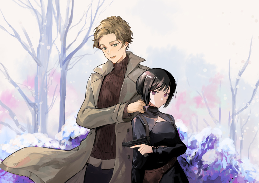 1boy 1girl :d absurdres black_dress black_hair black_sleeves blonde_hair brown_coat brown_sweater closed_mouth coat commentary dress echika_hieda green_eyes gun handgun harold_w._lucraft highres holding holding_gun holding_weapon long_sleeves looking_at_another looking_at_viewer open_clothes open_coat open_mouth outdoors ribbed_sweater short_hair shrug_(clothing) smile snowing sweater symbol-only_commentary tokiku tree trench_coat trigger_discipline turtleneck turtleneck_sweater upper_body violet_eyes weapon your_forma