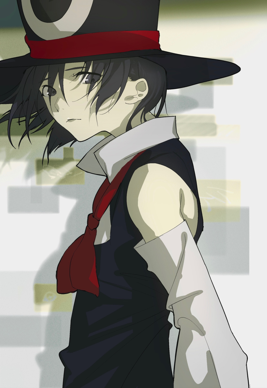 1other absurdres androgynous black_eyes black_hair black_headwear black_vest chinese_commentary closed_mouth collared_shirt commentary_request detached_sleeves enraku_tsubakura eyes_visible_through_hair hat highres len'en long_sleeves neck_ribbon other_focus red_ribbon ribbon shirt short_hair sleeveless sleeveless_shirt solo upper_body vest white_shirt white_sleeves wide_sleeves zs130826