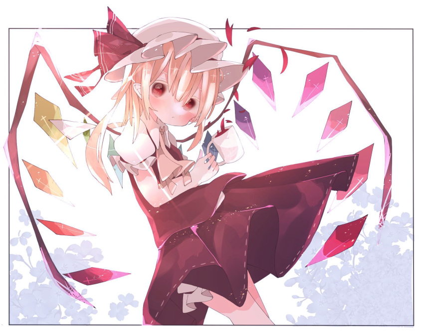 1girl ascot blonde_hair cowboy_shot crystal cup dress flandre_scarlet frills from_side hat hat_ribbon highres holding holding_cup looking_at_viewer medium_hair mob_cap nacht_musik red_dress red_eyes red_ribbon ribbon simple_background solo touhou wings yellow_ascot