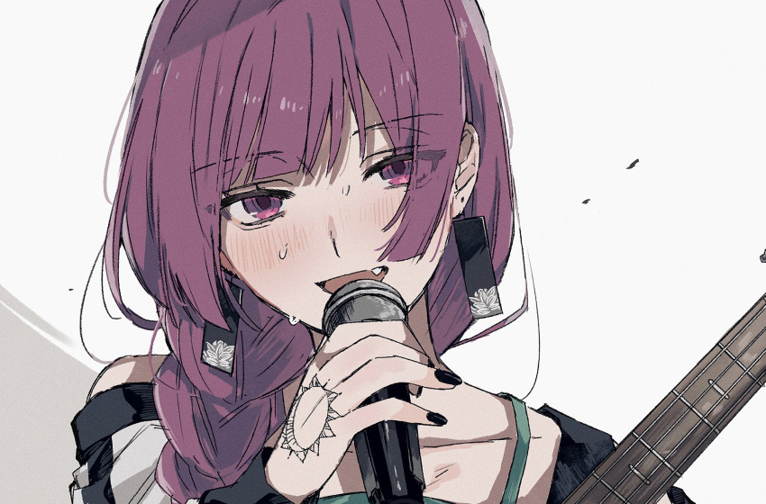 1girl black_nails blush bocchi_the_rock! braid brandnewday collarbone dress earrings fang green_dress highres hiroi_kikuri holding holding_instrument holding_microphone instrument jacket jewelry long_hair long_sleeves looking_at_viewer microphone music nail_polish open_clothes open_jacket open_mouth parted_lips purple_hair simple_background singing single_bare_shoulder solo sweat tassel tassel_earrings upper_body violet_eyes white_background