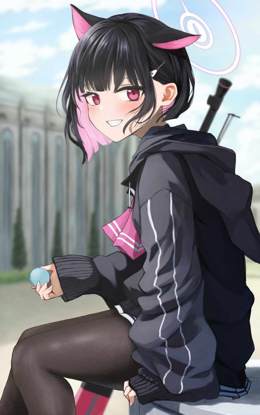 1girl absurdres animal_ears black_hair black_hoodie black_pantyhose blue_archive blue_sky blurry blurry_background blush clouds cloudy_sky commentary day depth_of_field drawstring feet_out_of_frame food grin hair_ornament hairclip halo highres holding holding_food hood hood_down hoodie kamatama kazusa_(blue_archive) long_sleeves looking_at_viewer looking_to_the_side macaron multicolored_hair outdoors pantyhose pink_hair pleated_skirt puffy_long_sleeves puffy_sleeves red_eyes sitting skirt sky sleeves_past_wrists smile solo two-tone_hair white_skirt