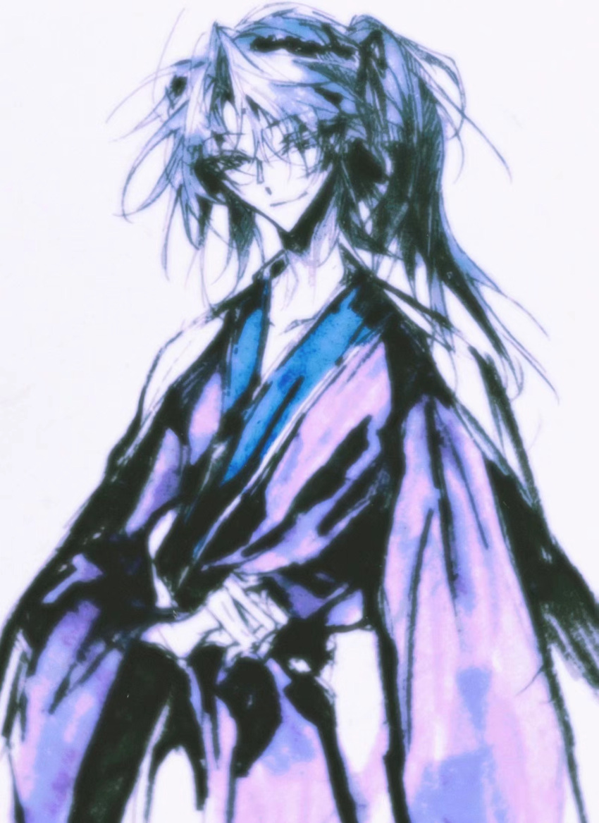 1other androgynous black_eyes blue_hair cape closed_mouth colored_skin fujiwara_no_iyozane highres japanese_clothes kimono len'en long_sleeves other_focus purple_kimono side_ponytail simple_background smile solo white_background white_cape white_skin wide_sleeves zyun62