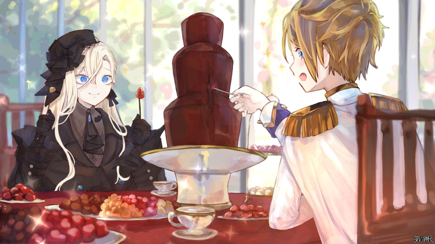 2boys :d androgynous animal_print ascot black_ascot black_bow black_coat black_gloves black_headwear black_jacket blonde_hair blue_eyes blue_gemstone bow brooch cape cat_print chair chocolate chocolate_fountain closed_mouth coat collared_shirt cup curtained_hair dairoku_ryouhei day edgar_brightman ende_fructus epaulettes food frilled_sleeves frills fruit gem gloves grey_shirt hair_between_eyes happy hat hat_bow highres holding holding_skewer indoors jacket jewelry lapels long_bangs long_hair long_sleeves looking_at_food male_focus marshmallow multiple_boys notched_lapels off-shoulder_coat off_shoulder pillbox_hat plate profile romayasu saucer shirt short_hair sitting skewer sleeve_cuffs smile sparkle strawberry table tablecloth teacup tiered_tray upper_body white_cape white_jacket window