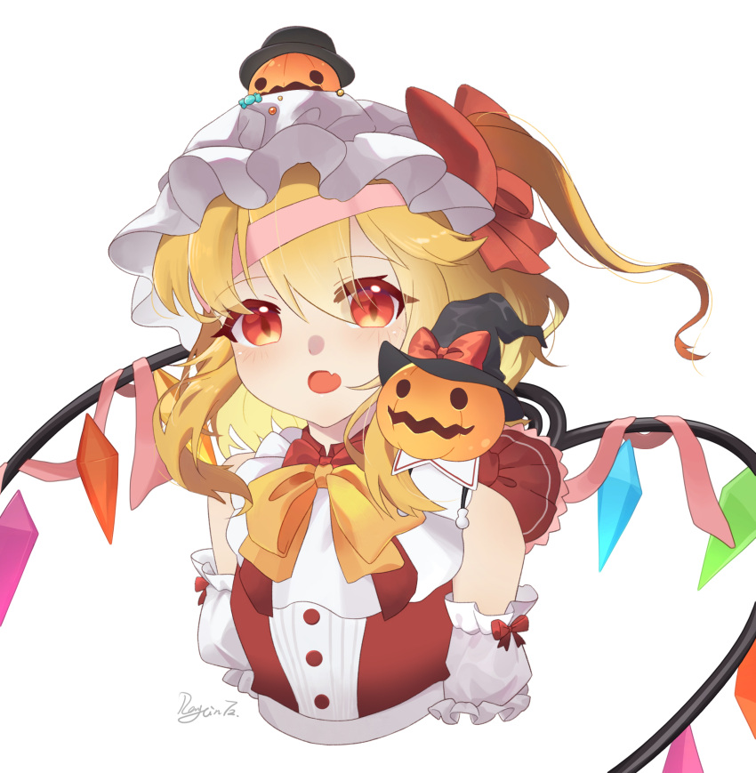 1girl absurdres ascot blonde_hair crystal fang flandre_scarlet hat hat_ribbon highres jack-o'-lantern medium_hair open_mouth penguin72 red_eyes red_ribbon ribbon side_ponytail simple_background solo touhou upper_body white_background wings witch_hat yellow_ascot