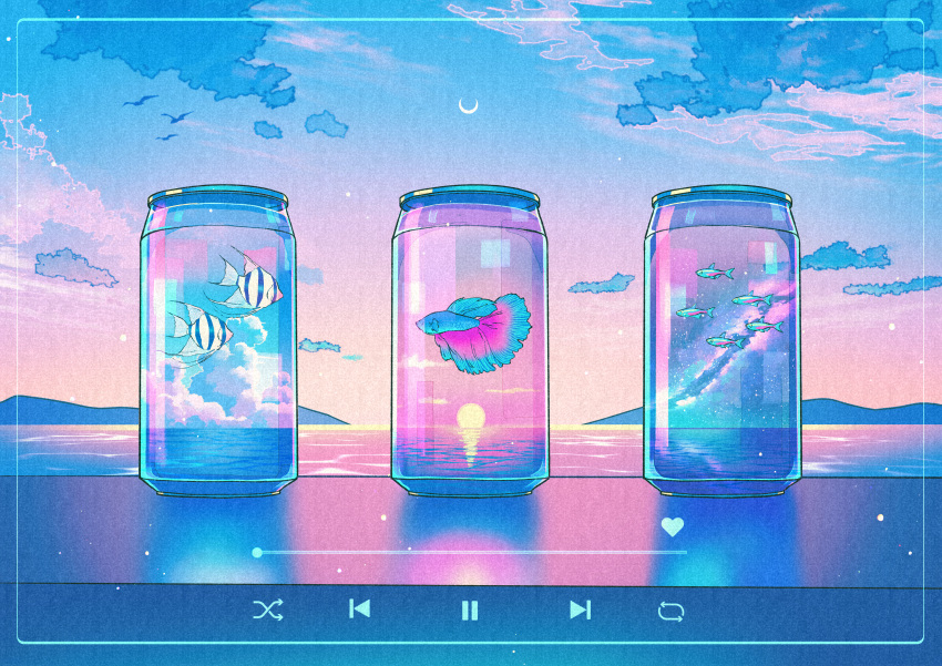 absurdres blue_theme border can clouds crescent_moon drink_can gradient_sky highres media_player_interface moon mountainous_horizon no_humans ocean original outdoors reflection simple_bird sky sunset surreal transparent tropical_fish user_interface wacca005 water
