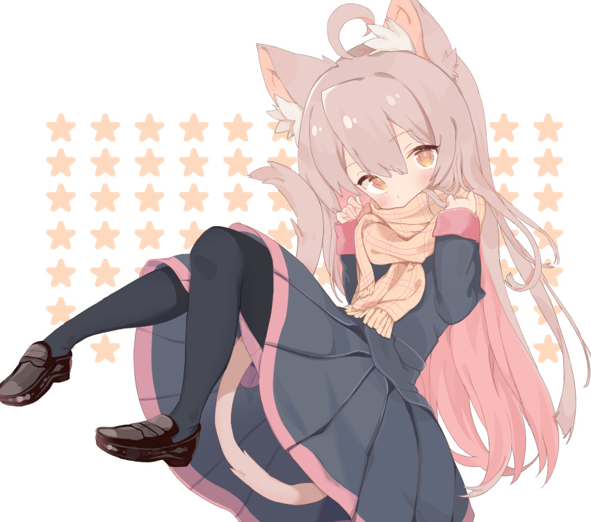 1girl absurdres ahoge animal_ear_fluff animal_ears black_jacket black_skirt black_thighhighs brown_footwear brown_hair cat_ears cat_tail checkered_clothes checkered_scarf eyebrows_hidden_by_hair flat_chest full_body hair_between_eyes highres jacket long_hair looking_at_viewer onii-chan_wa_oshimai! oyama_mahiro pleated_skirt scarf scarf_over_mouth shiramacu skirt solo tail thigh-highs very_long_hair