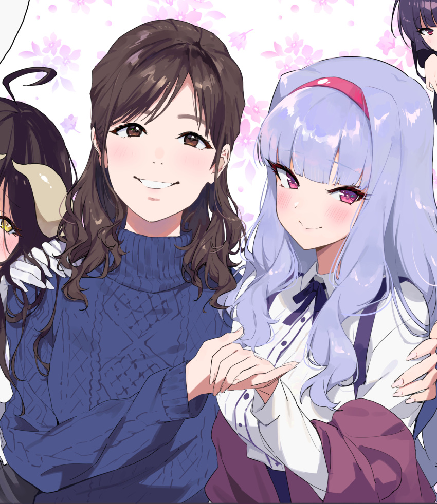 4girls ahoge albedo_(overlord) blue_sweater blunt_bangs blush brown_hair character_request copyright_request floral_background grey_hair hairband hands_on_another's_shoulders hara_yumi highres holding_hands idolmaster idolmaster_(classic) idolmaster_million_live! looking_at_viewer midnamana multiple_girls neck_ribbon overlord_(maruyama) pink_eyes pink_hairband real_life ribbon shijou_takane sidelocks smile sweater upper_body voice_actor voice_actor_connection