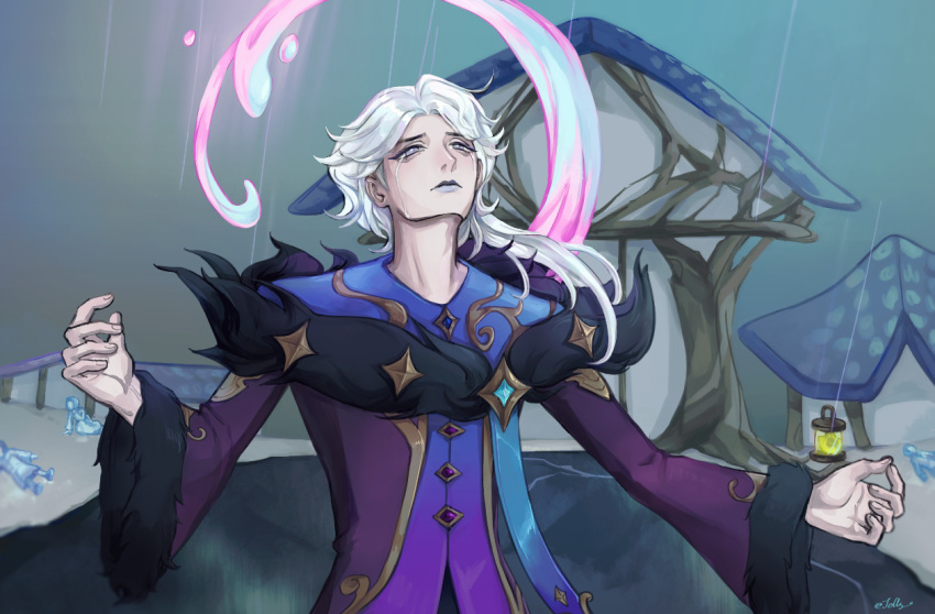 1boy closed_mouth fur-trimmed_jacket fur_trim gem hwei_(league_of_legends) jacket jellyjelly league_of_legends long_hair long_sleeves looking_up male_focus outdoors rain solo_focus tears white_hair winterblessed_hwei