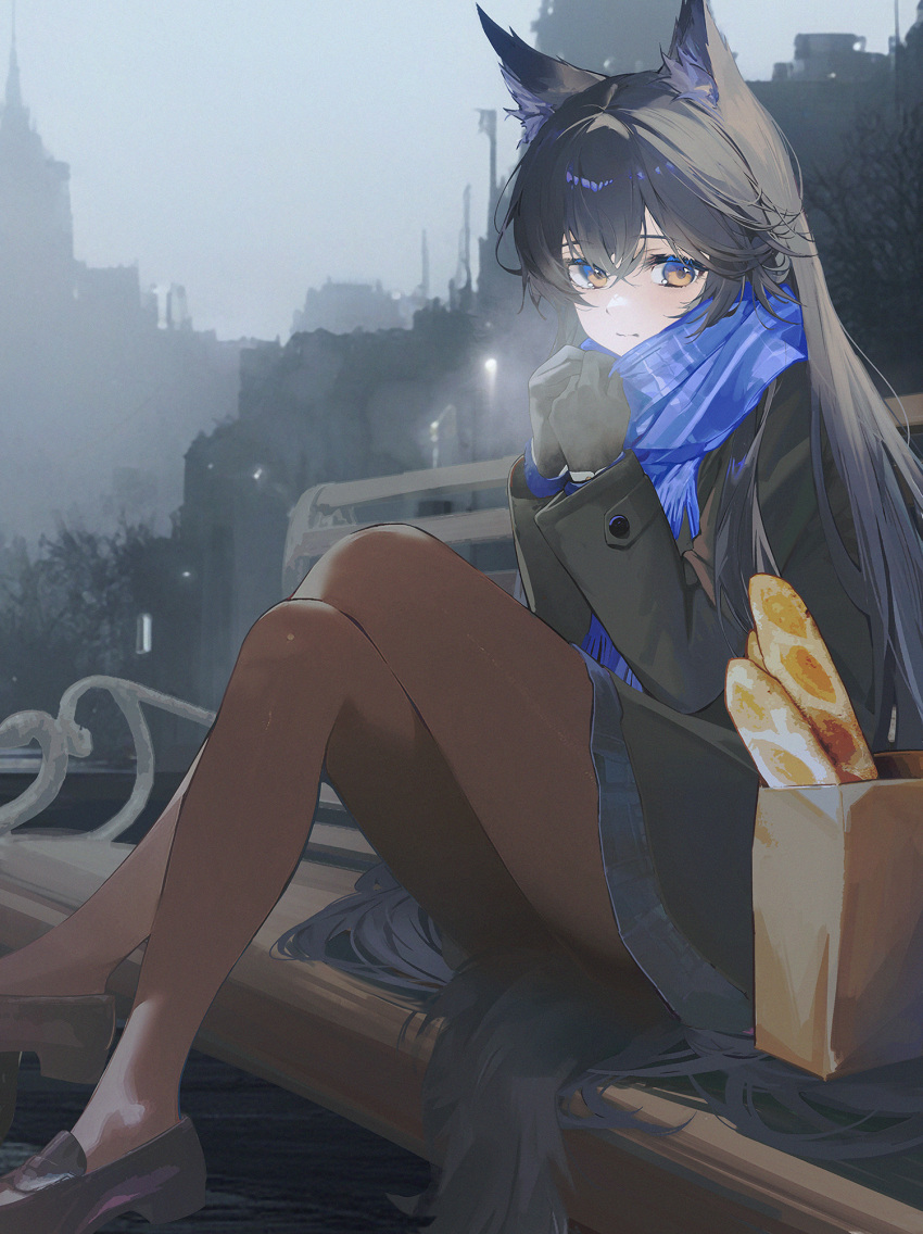 1girl alternate_costume animal_ear_fluff animal_ears arknights bag baguette bench black_footwear black_gloves black_hair black_jacket black_pantyhose black_tail blue_eyes blue_scarf blue_skirt blurry blurry_background bread breath buttoned_cuffs chinese_commentary clear_sky closed_mouth cold commentary_request crossed_bangs crossed_legs day depth_of_field drive_shot film_grain fog food from_side full_body gloves grey_sky grocery_bag hair_between_eyes hair_flowing_over hands_up highres jacket layered_sleeves legs legs_up loafers long_hair long_sleeves looking_at_viewer looking_to_the_side miniskirt on_bench orange_eyes outdoors own_hands_together pantyhose paper_bag partial_commentary plaid plaid_skirt scarf shiny_clothes shiny_legwear shoes shopping_bag sitting skirt sky solo straight_hair swept_bangs tail texas_(arknights) thighs two-tone_eyes very_long_hair wolf_ears wolf_girl wolf_tail