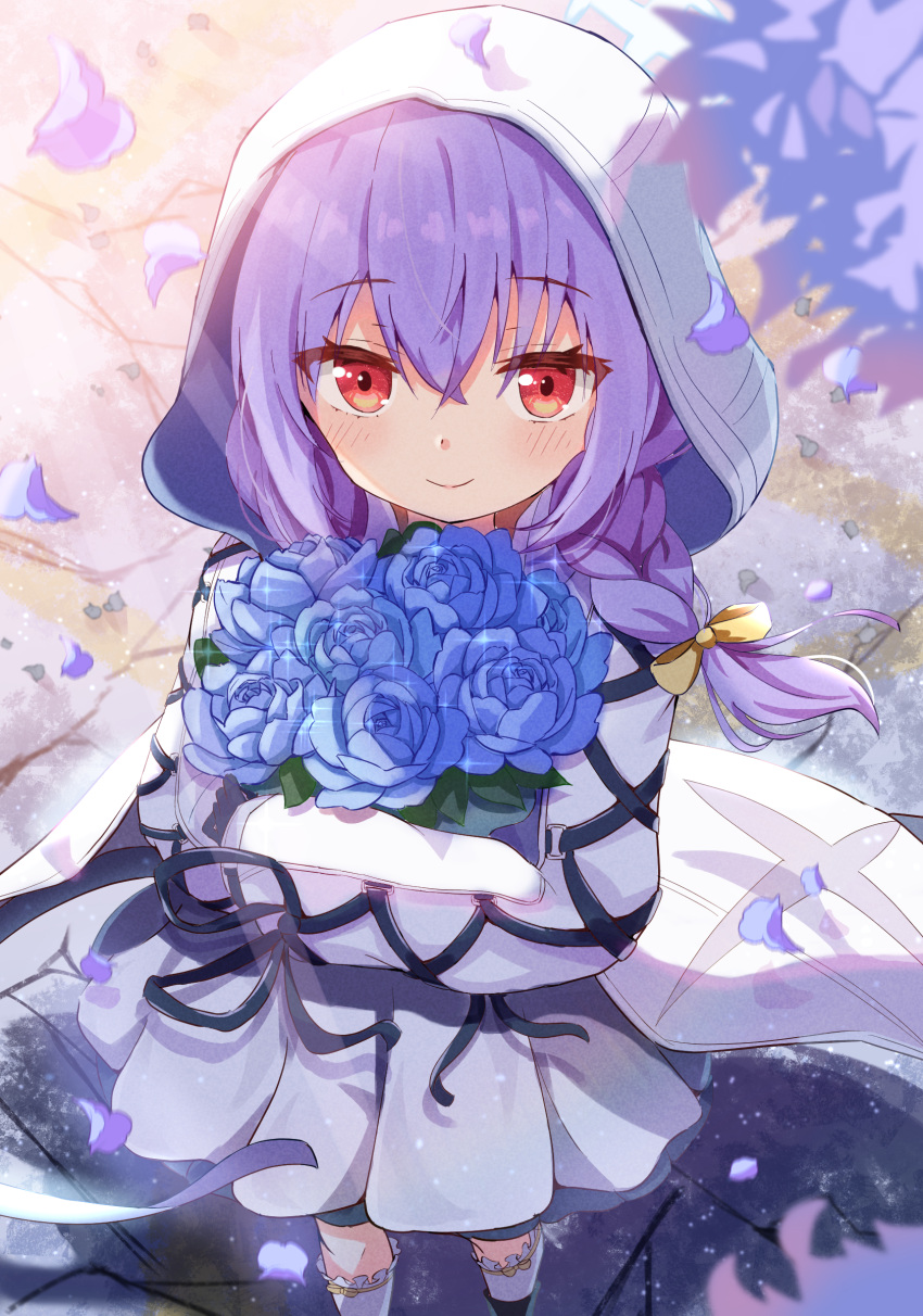 1girl absurdres atsuko_(blue_archive) blue_archive blue_flower blue_halo blush bouquet braid closed_mouth dress falling_petals flower frilled_socks frills hair_between_eyes halo highres holding holding_bouquet hood hood_up hooded_jacket jacket long_hair mikumiku37 petals purple_hair red_eyes revision smile socks solo twin_braids violet_(flower) white_dress white_jacket white_socks