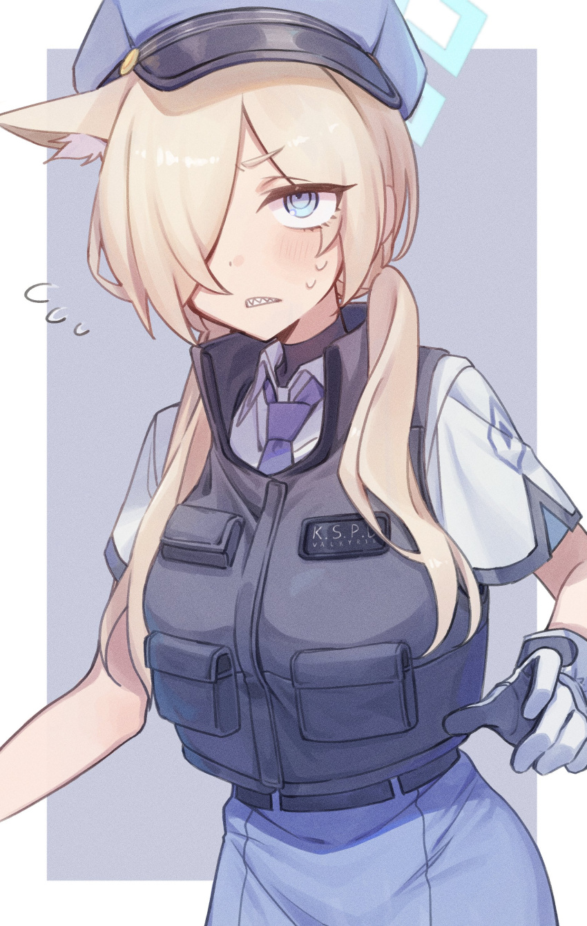 absurdres alternate_hairstyle animal_ear_fluff animal_ears asymmetrical_bangs black_vest blonde_hair blue_archive blue_eyes blue_halo blue_necktie blush breasts bulletproof_vest dog_ears extra_ears flying_sweatdrops gloves hair_over_one_eye halo hat highres kanna_(blue_archive) long_bangs long_hair low_twintails necktie outstretched_arms police police_hat police_uniform policewoman sharp_teeth short_sleeves spread_arms sweatdrop teeth tosankaku twintails uniform vest