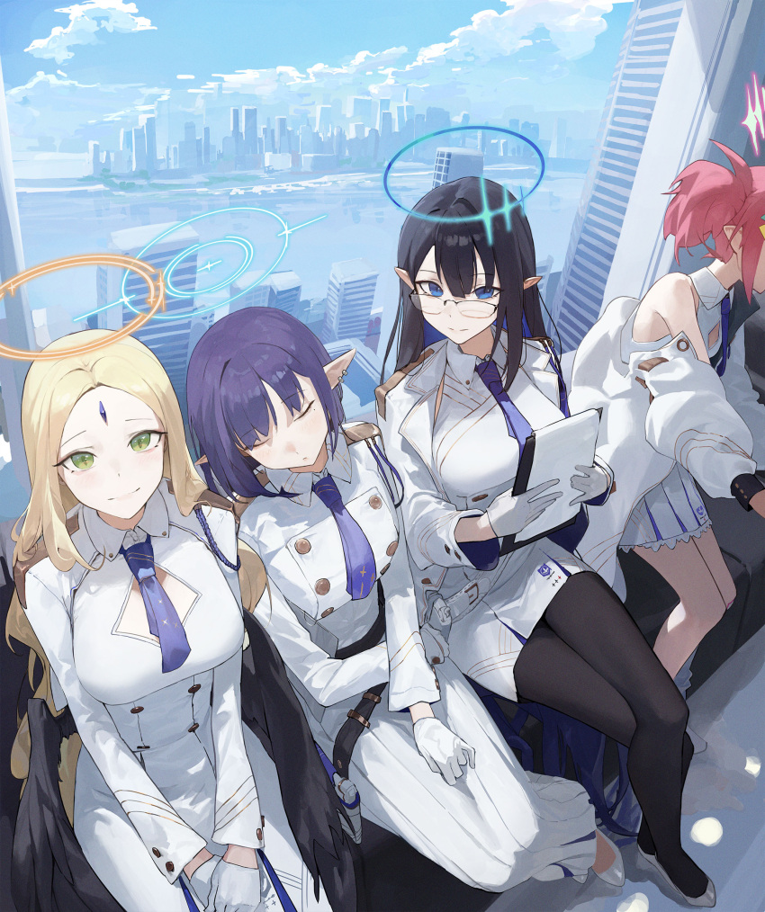 4girls aoi_(blue_archive) ayumu_(blue_archive) black_hair black_pantyhose black_wings blonde_hair blue_archive blue_hair blue_halo blue_necktie blue_sky breasts building city closed_mouth clouds glasses gloves green_eyes halo highres holding landscape large_breasts long_hair long_sleeves looking_at_viewer mac_star momoka_(blue_archive) multiple_girls necktie pantyhose pink_hair pointy_ears rin_(blue_archive) short_hair sitting skirt sky sleeping smile white_gloves white_skirt white_uniform wings yellow_halo