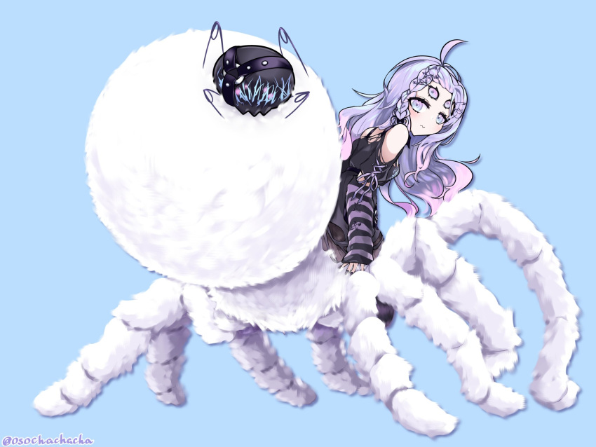 1girl amiya_aranha amiya_aranha_(2nd_costume) arachne arthropod_girl black_nails blue_background blush bucko_(amiya_aranha) bug commission detached_sleeves dress english_commentary extra_eyes floating_hair from_behind full_body highres indie_virtual_youtuber long_hair looking_at_viewer looking_back monster_girl monsterification nail_polish pout purple_dress purple_hair safety_pin second-party_source skeb_commission socha_desuga... solo spider spider_girl taur twitter_username very_long_hair violet_eyes virtual_youtuber
