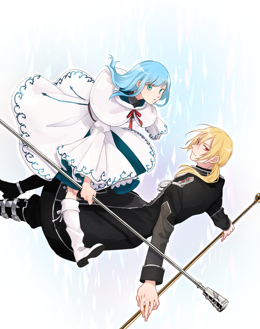 1boy 1girl absurdres aiguillette alois_hades_arnold_rockmann aqua_eyes belt_boots black_coat black_footwear blonde_hair blue_eyes blue_hair boots bow bowtie capelet coat dress falling feet_out_of_frame floating_clothes floating_hair from_side hair_between_eyes hair_over_shoulder highres holding holding_staff knee_boots long_hair long_sleeves looking_at_viewer looking_to_the_side mage_staff magic mahou_sekai_no_uketsukejou_ni_naritai_desu nanalie_persephone_hel outstretched_arms ponytail red_bow red_bowtie red_eyes shards shoe_soles ssn30w staff white_background white_capelet white_dress white_footwear