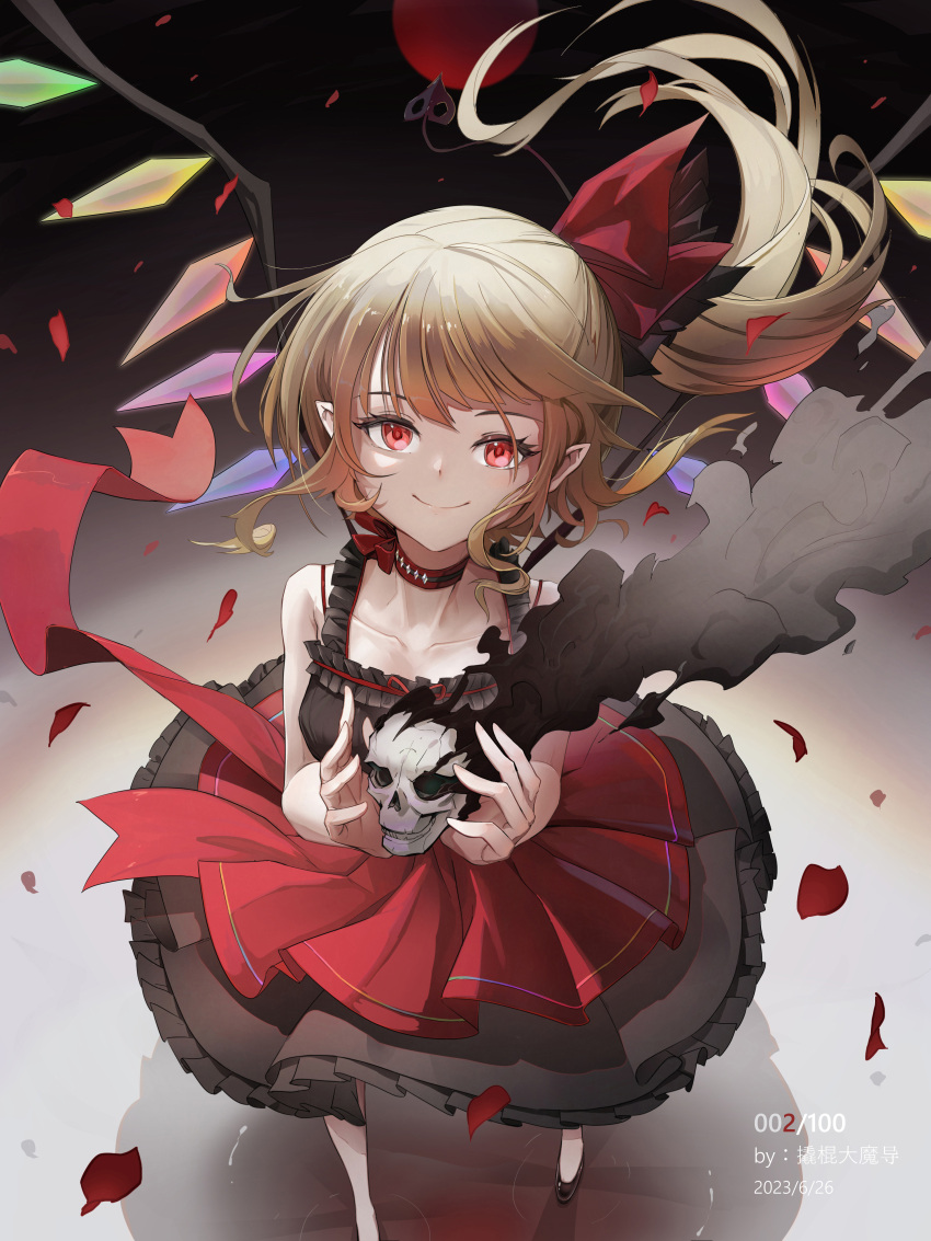 1girl absurdres blonde_hair choker crystal flandre_scarlet frills from_above full_body hair_ribbon highres long_hair looking_at_viewer looking_up medium_hair petals pointy_ears qiaogun_damodao red_eyes red_ribbon ribbon side_ponytail skirt skull smile smoke solo touhou wings