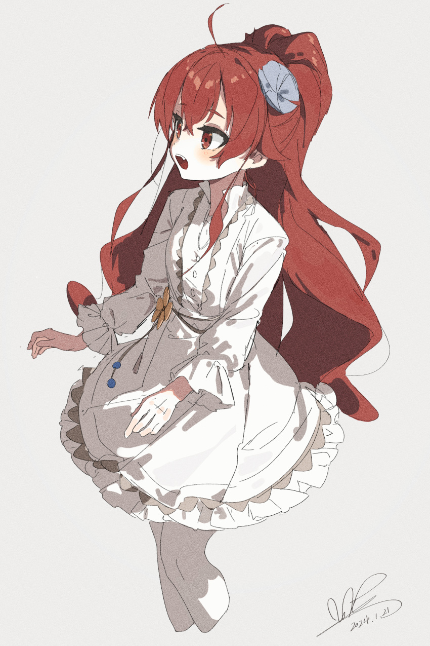 1girl absurdres blush cropped_legs dress eris_greyrat fang flower hair_flower hair_ornament highres long_hair long_sleeves looking_to_the_side mushoku_tensei open_mouth ponytail qtian red_eyes redhead simple_background solo standing thigh-highs white_background white_dress white_thighhighs