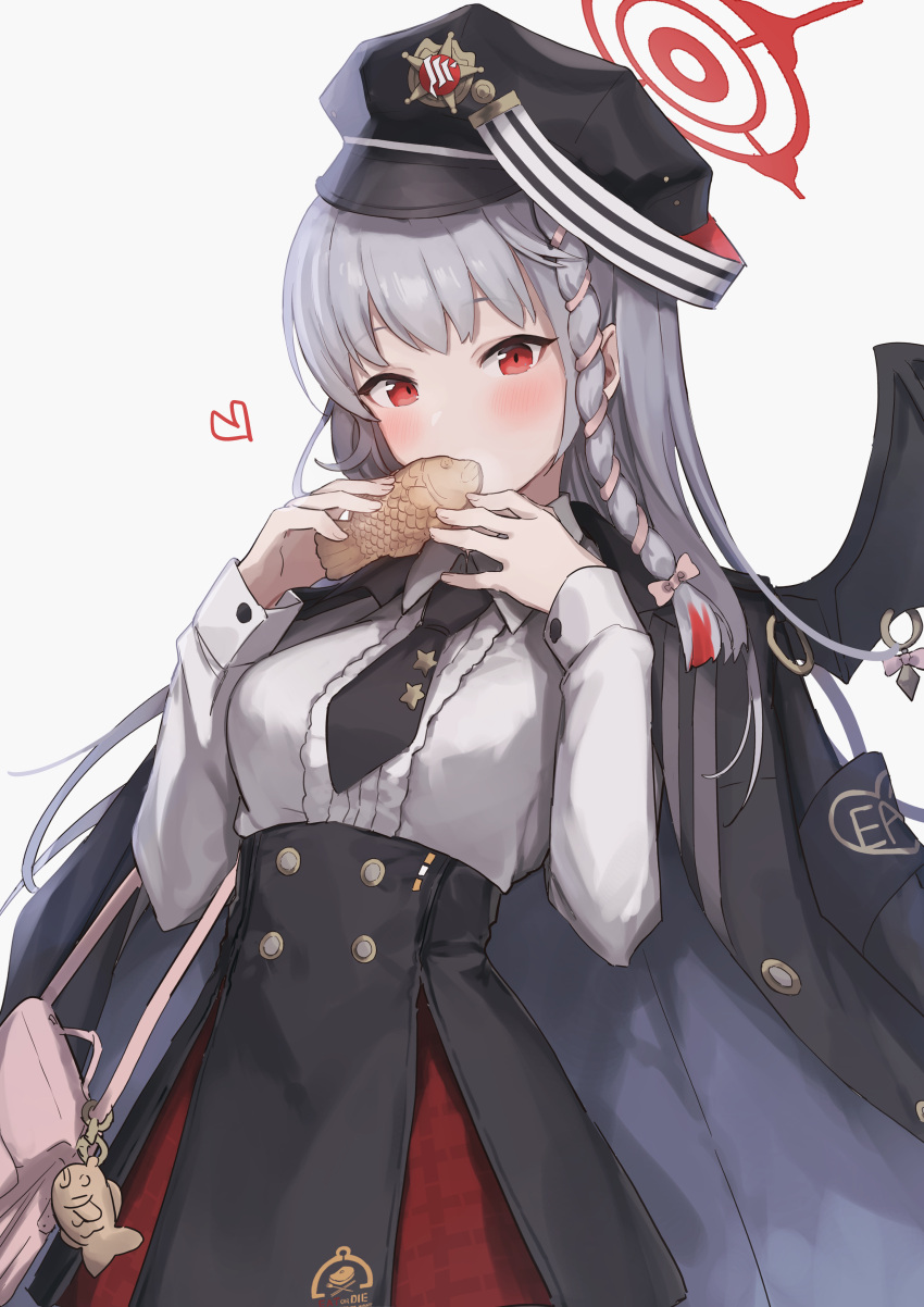1girl absurdres black_dress black_headwear black_jacket black_necktie black_wings blue_archive braid breasts collared_shirt commentary_request demon_wings dress eating food grey_hair halo haruna_(blue_archive) hat heart highres holding holding_food jacket jacket_on_shoulders large_breasts long_hair long_sleeves looking_at_viewer multicolored_clothes multicolored_dress necktie peaked_cap red_eyes red_halo shiratakiseaice shirt side_braid simple_background single_wing solo taiyaki very_long_hair wagashi white_background white_shirt wing_ornament wing_piercing wings