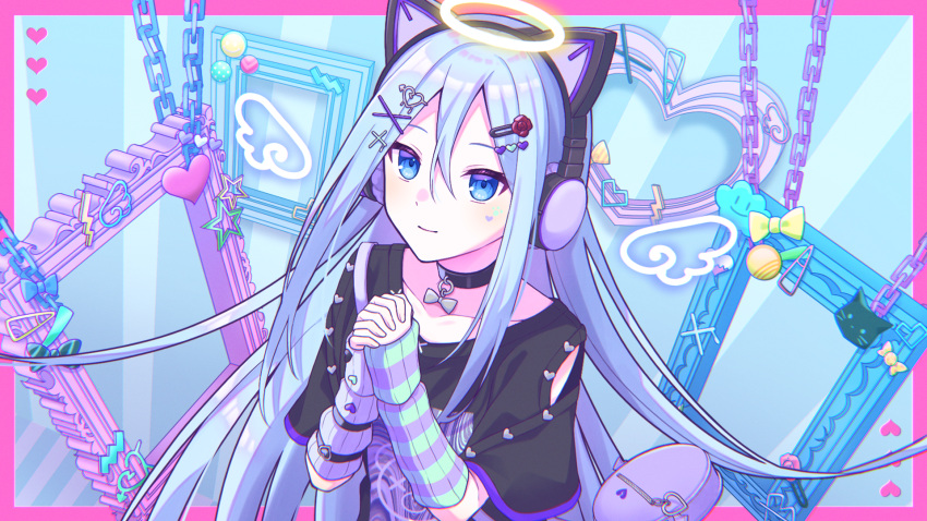 1girl animal_ear_headphones animal_ears arm_warmers blue_eyes blue_hair cat_ear_headphones chain choker clothing_cutout empty_picture_frame facial_mark fake_animal_ears hair_ornament hairclip halo headphones heart heart_facial_mark heart_hair_ornament highres long_hair looking_at_viewer mismatched_arm_warmers own_hands_clasped own_hands_together paw_print pendant_choker picture_frame print_shirt project_sekai shirt short_sleeves smile striped_arm_warmers t-shirt teneko02 upper_body very_long_hair x_hair_ornament yoisaki_kanade