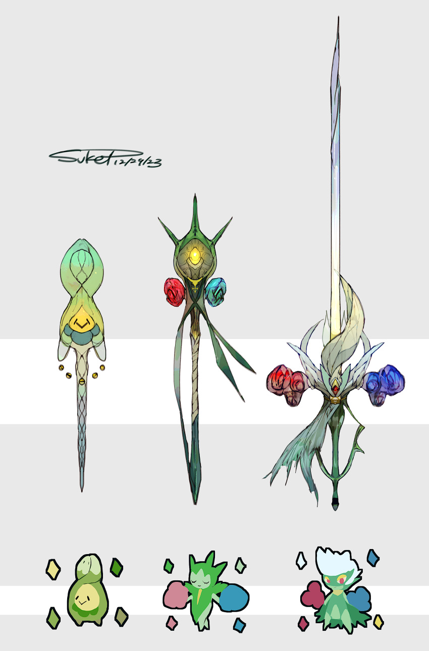 absurdres bell blue_flower blue_rose budew closed_eyes cross dated evolutionary_line flower grey_background highres jingle_bell looking_at_viewer no_humans objectification pokemon pokemon_(creature) rapier red_flower red_rose ribbon rose roselia_(pokemon) roserade signature staff sukepmonster swimsuit sword weapon weapon_focus white_background