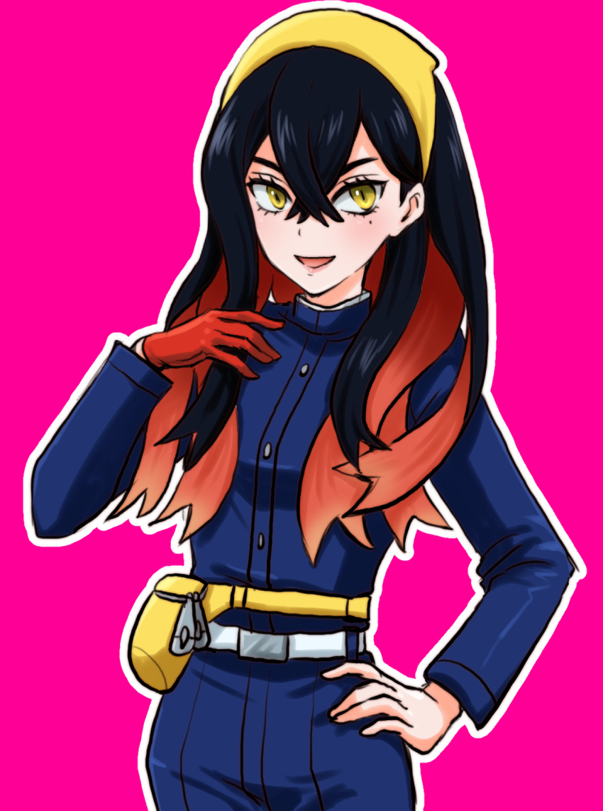 1girl :d black_hair blue_jacket blue_pants blueberry_academy_school_uniform carmine_(pokemon) crossed_bangs eyelashes fanny_pack gloves hair_between_eyes hairband hand_on_own_hip highres jacket long_hair long_sleeves looking_at_viewer mole mole_under_eye multicolored_hair open_mouth pants pink_background pokemon pokemon_sv red_gloves redhead school_uniform single_glove smile solo two-tone_hair umehime yellow_hairband