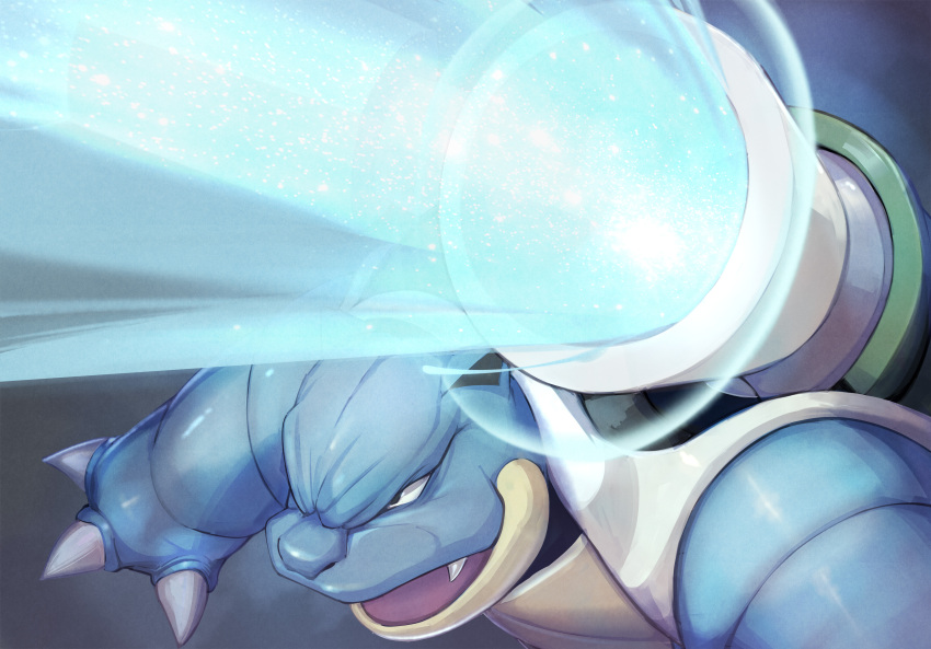 absurdres black_eyes blastoise claws commentary_request fang furrowed_brow grey_background highres kikken no_humans open_mouth pokemon pokemon_(creature) shoulder_cannon solo