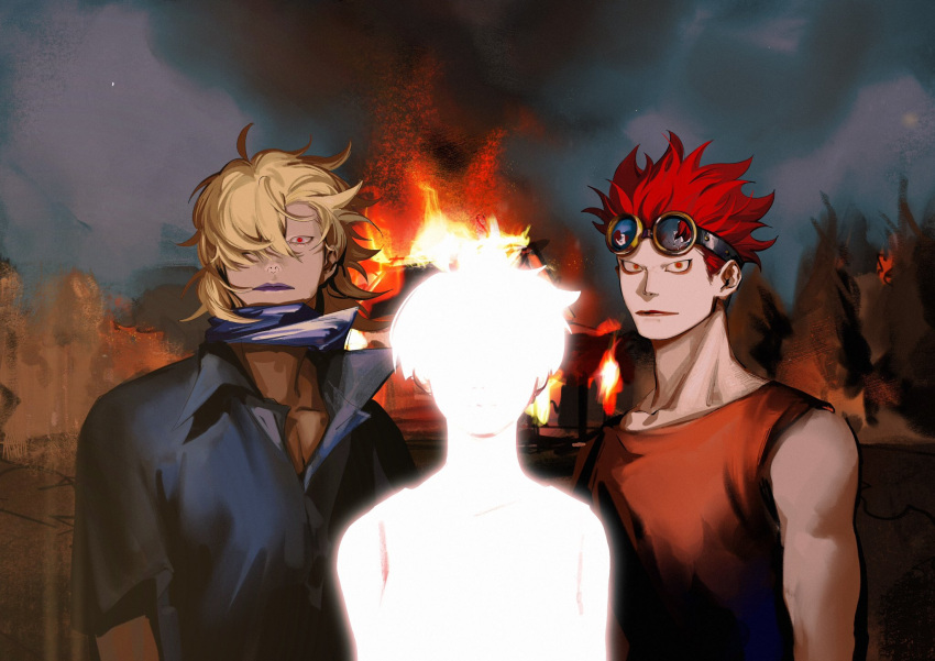 3boys blonde_hair burning denisefanta eustass_kid facial_hair floating_hair forest glowing goatee goggles goggles_on_head hair_over_one_eye highres killer_(one_piece) long_hair looking_at_viewer male_focus multiple_boys nature one_piece redhead silhouette sleeveless spiky_hair toned toned_male upper_body