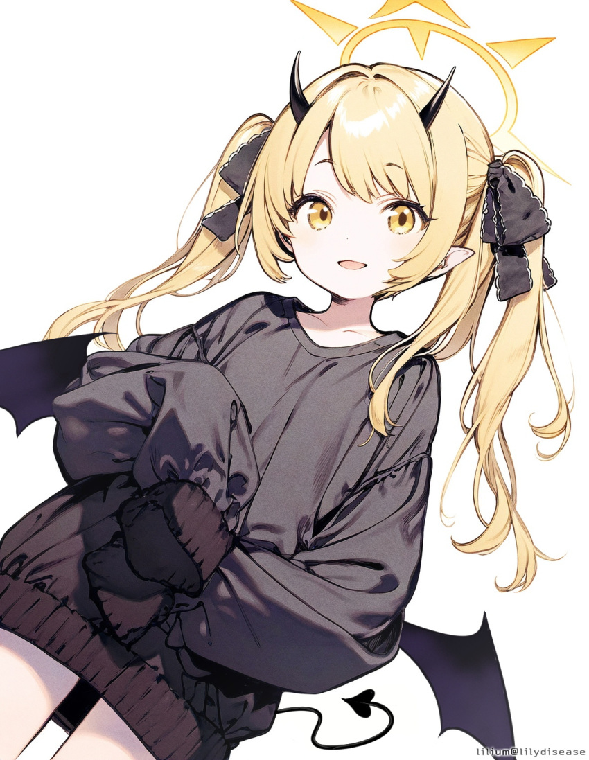 1girl ai-generated black_horns black_ribbon black_tail blonde_hair blue_archive demon_horns demon_tail demon_wings hair_ribbon halo highres horns ibuki_(blue_archive) lilium(lilydisease) pointy_ears ribbon simple_background sleeves_past_wrists solo tagme tail twintails twitter_username white_background wings yellow_eyes yellow_halo