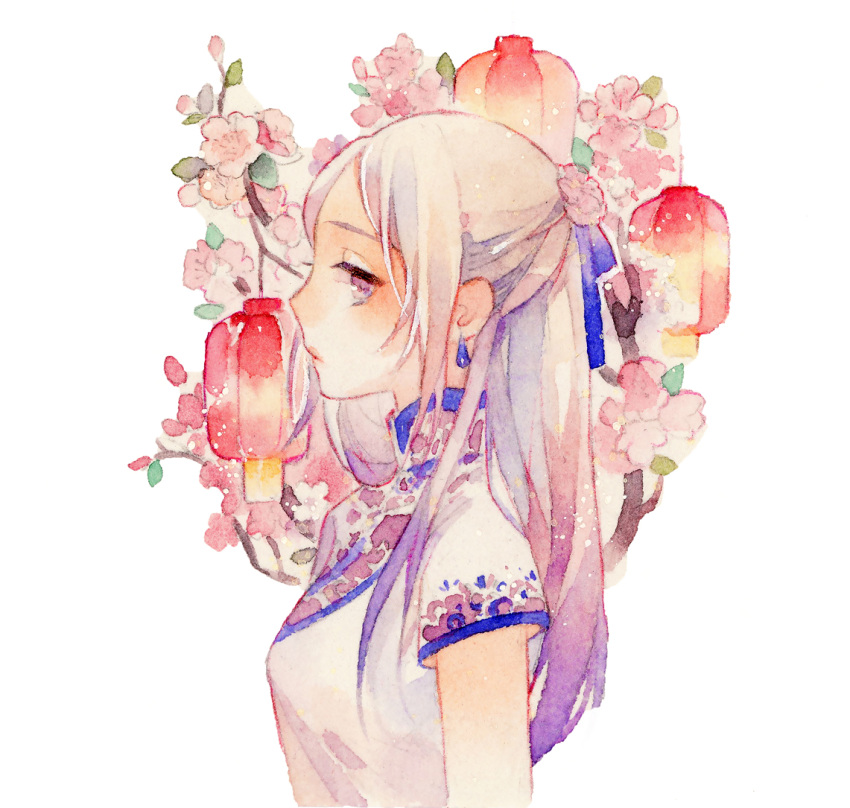 1girl breasts cherry_blossoms china_dress chinese_clothes closed_mouth colored_tips dress drop_earrings earrings expressionless gradient_hair half_updo jewelry lantern looking_at_viewer multicolored_hair one_side_up original painting_(medium) paper_lantern profile purple_hair rei_(456789io) short_sleeves simple_background small_breasts solo traditional_media upper_body violet_eyes watercolor_(medium) white_background white_hair