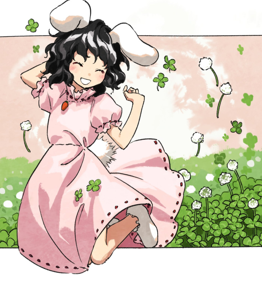1girl animal_ears arm_behind_head black_hair blush closed_eyes clover dress field flower_request four-leaf_clover full_body hands_up highres inaba_tewi jewelry jumping kaigen_1025 necklace open_mouth puffy_short_sleeves puffy_sleeves rabbit_ears rabbit_girl rabbit_tail short_hair short_sleeves smile socks solo tail touhou