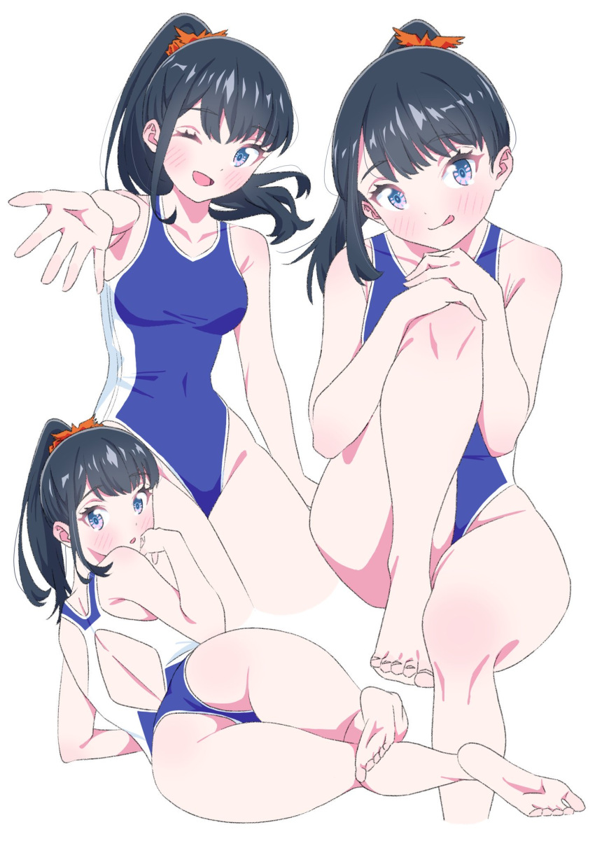 1girl ass black_hair blue_eyes blush breasts gridman_universe gridman_universe_(film) hair_ornament highres long_hair looking_at_viewer official_alternate_costume one-piece_swimsuit one_eye_closed ponytail sho_(shoshos_8888) solo swimsuit takarada_rikka thighs
