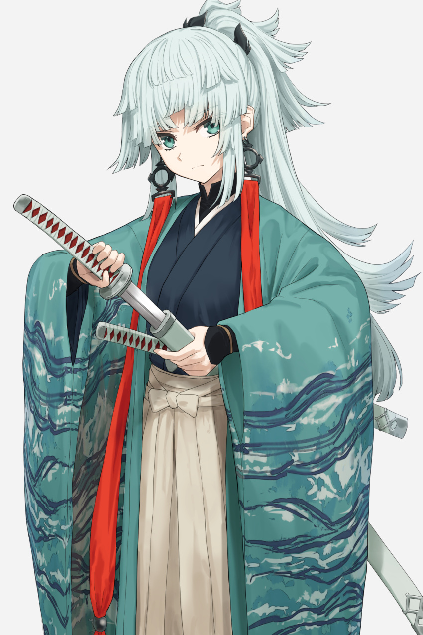 1girl black_kimono breasts earrings fate/samurai_remnant fate_(series) green_eyes green_kimono hakama hakama_skirt highres japanese_clothes jewelry kamo_ashi katana kimono long_hair long_sleeves looking_at_viewer medium_breasts ponytail sidelocks skirt solo sword weapon white_hair white_hakama wide_sleeves yui_shousetsu_(fate)