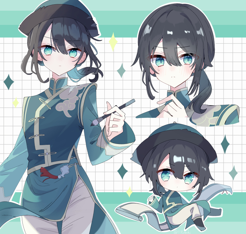 1boy absurdres aqua_border black_hair blue_eyes blue_robe blush border calligraphy_brush changpao chibi chinese_clothes cloud_print edgar_valden edgar_valden_(censer) expressionless gold_trim green_headwear green_vest grid_background hat high_collar highres holding holding_paintbrush identity_v letterboxed long_sleeves looking_at_viewer male_focus mandarin_collar multiple_views outline outside_border paintbrush pants ponytail potechi_(kaoriion613) qingdai_guanmao robe scroll simple_background sparkle sweat tassel vest white_outline white_pants
