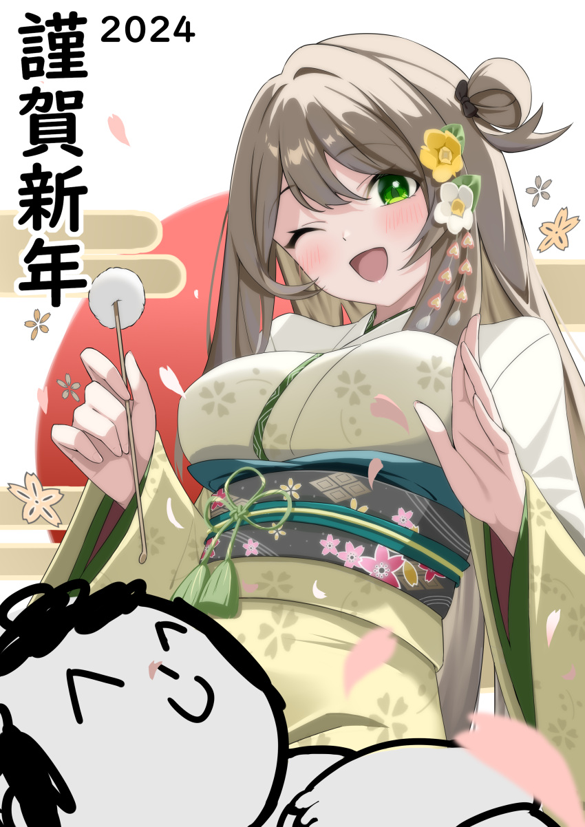 1boy 1girl 2024 absurdres blue_archive blush breasts doodle_sensei_(blue_archive) flower green_eyes hair_between_eyes hair_flower hair_ornament happy_new_year highres japanese_clothes kimono large_breasts light_brown_hair long_hair long_sleeves looking_at_viewer mimikaki mizumok1 nonomi_(blue_archive) obi one_eye_closed open_mouth pink_flower sash sensei_(blue_archive) smile wide_sleeves yellow_flower yellow_kimono