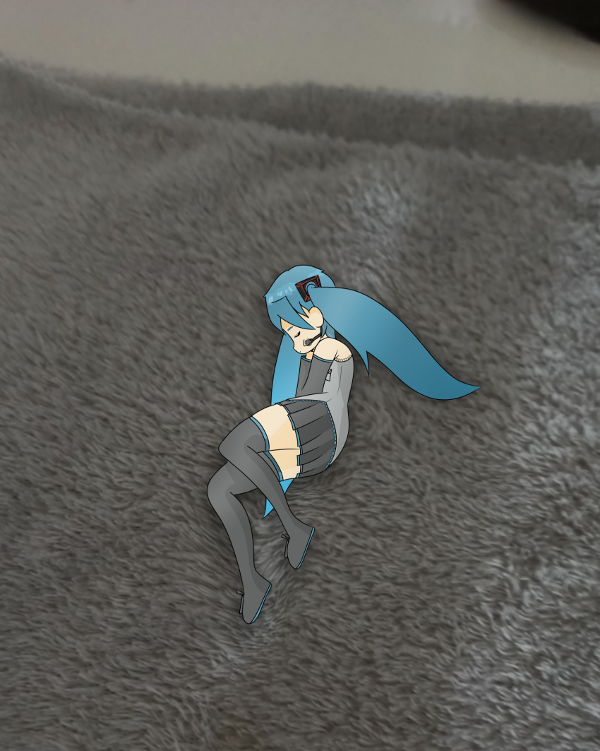 1girl blue_hair hatsune_miku minigirl sleeping stagking towel