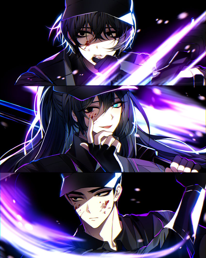 3boys absurdres baseball_cap black_background black_eyes black_gloves black_hair black_headwear black_shirt blood blood_on_face blue_eyes cherry_oux collared_shirt commentary fingerless_gloves gloves hair_between_eyes hat heterochromia highres holding holding_weapon hong_lu_(project_moon) limbus_company long_hair looking_at_viewer male_focus meursault_(project_moon) multiple_boys parted_lips project_moon shirt short_hair weapon yi_sang_(project_moon)