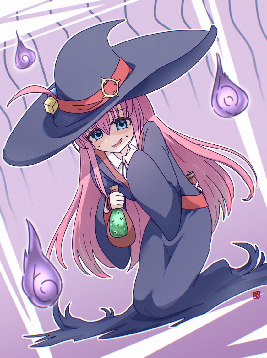1girl blue_eyes bocchi_the_rock! commission cosplay dress evil_smile fire full_body gloom_(expression) gotoh_hitori hair_ornament hat highres holding illustratorhide little_witch_academia long_hair luna_nova_school_uniform pink_hair pixiv_commission potion purple_background purple_dress purple_fire school_uniform shirt smile sucy_manbavaran sucy_manbavaran_(cosplay) sweatdrop white_shirt witch witch_hat worried