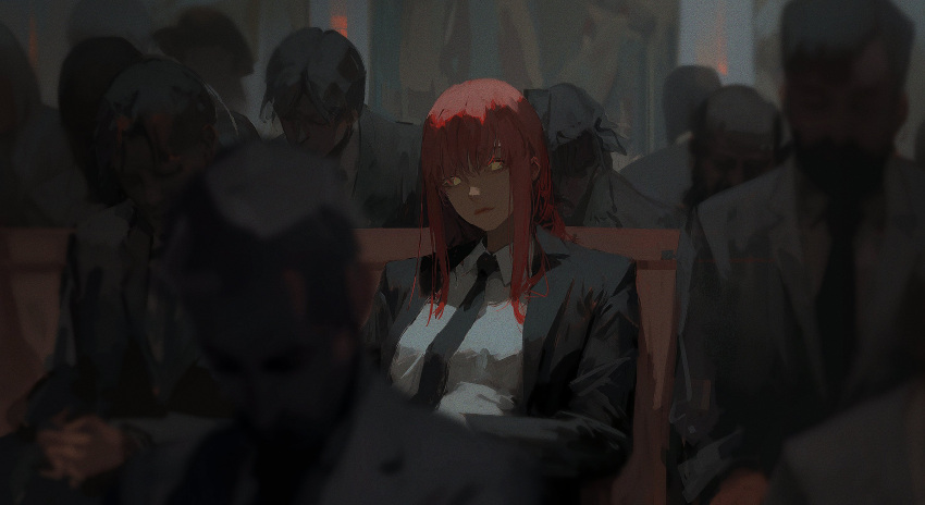 1girl 6+others 96yottea black_jacket black_necktie black_suit chainsaw_man closed_mouth collared_shirt formal hair_between_eyes highres indoors jacket light_smile long_hair looking_at_viewer makima_(chainsaw_man) multiple_others necktie no_pupils people redhead shirt sidelocks sitting solo_focus suit white_shirt yellow_eyes