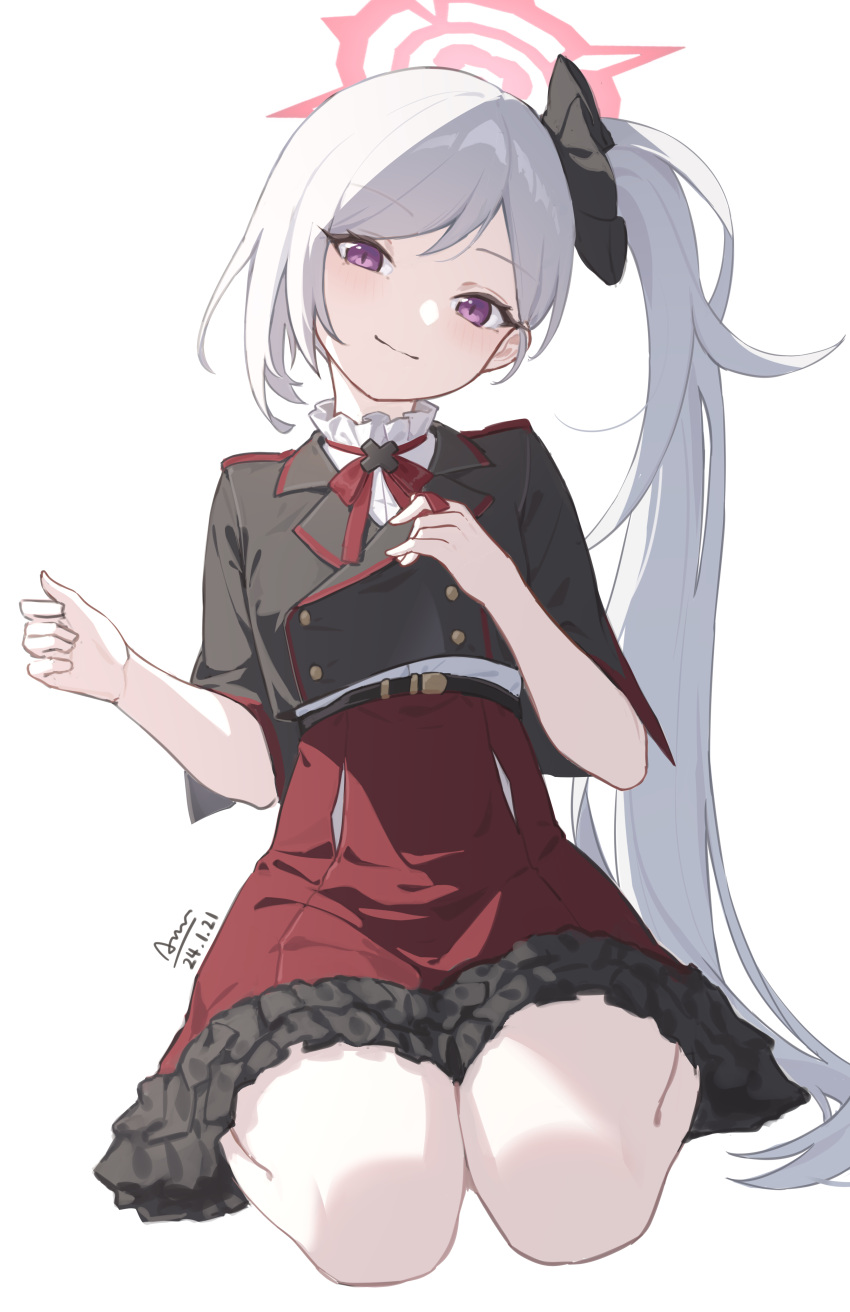 1girl absurdres black_scrunchie black_shirt blue_archive blush chiyo_akira closed_mouth frilled_skirt frills grey_hair hair_ornament hair_scrunchie halo highres long_hair mutsuki_(blue_archive) red_halo red_skirt scrunchie shirt short_sleeves side_ponytail signature simple_background skirt smile solo violet_eyes white_background