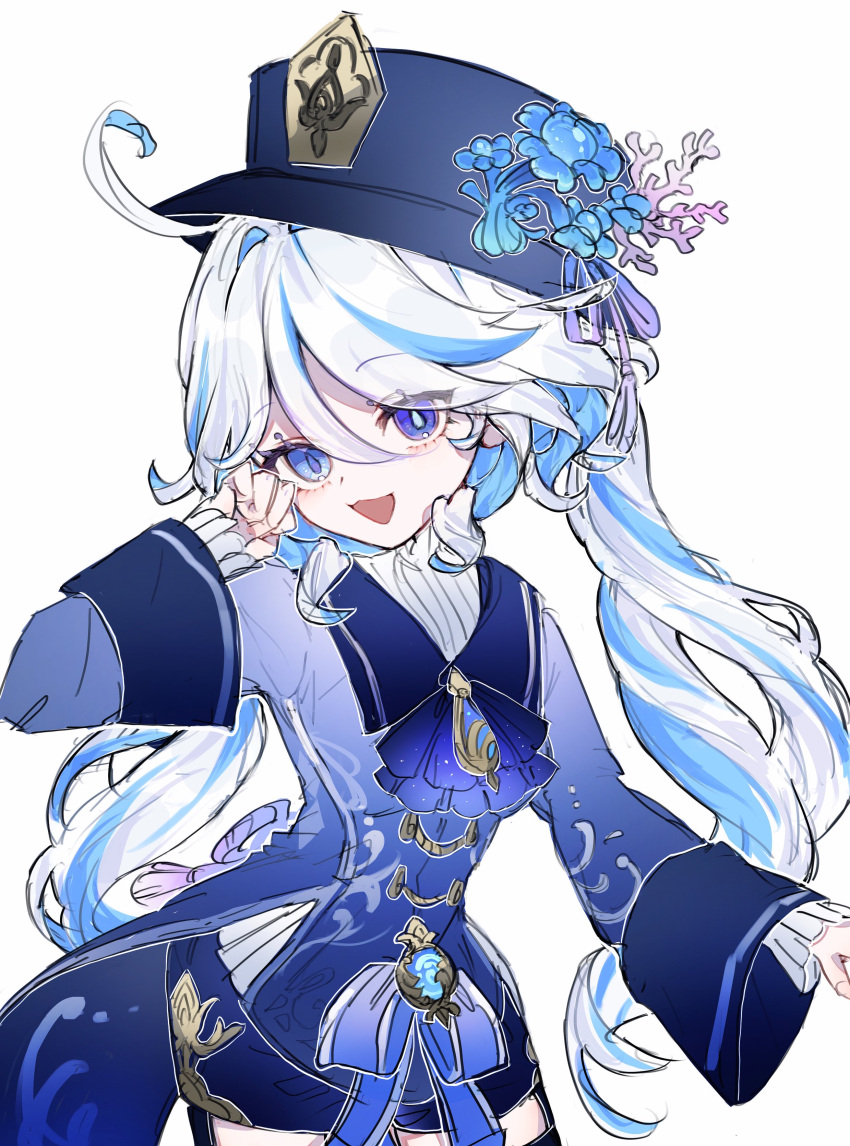 1girl :d absurdres ahoge ascot blue_ascot blue_eyes blue_hair blue_headwear blue_shirt brooch commentary_request cosplay cowboy_shot furina_(genshin_impact) genshin_impact highres hu_tao_(genshin_impact) hu_tao_(genshin_impact)_(cosplay) jewelry long_hair long_sleeves looking_at_viewer multicolored_hair open_mouth shirt sikaku smile solo standing streaked_hair twintails very_long_hair white_hair wide_sleeves