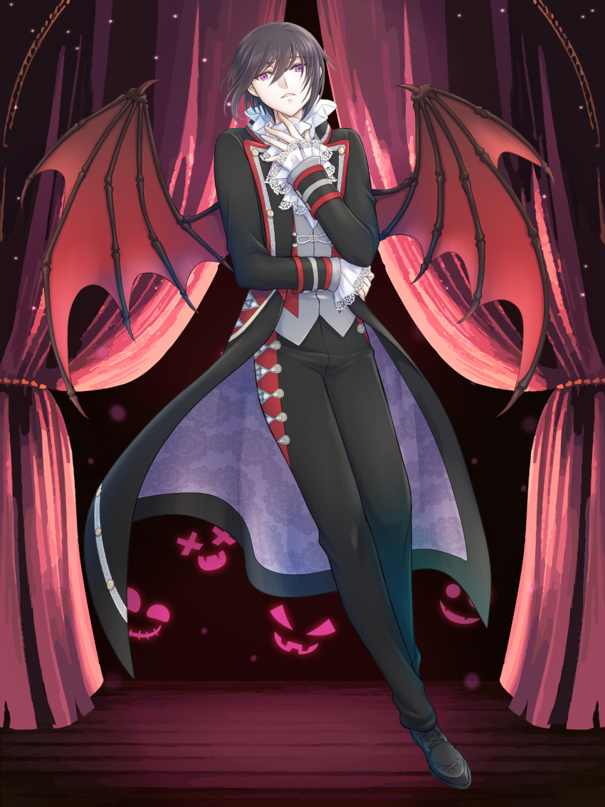 1boy alpaca_connect bat_wings black_coat black_footwear black_hair black_pants coat cross-laced_footwear curtains frilled_shirt_collar frilled_sleeves frills full_body grey_vest hair_between_eyes hand_up highres lace-trimmed_sleeves lace_trim lapels looking_at_viewer male_focus mochizuki_sora notched_lapels official_art pants parted_lips red_wings shirt short_hair solo two-sided_coat two-sided_fabric vampire vest violet_eyes white_shirt wings