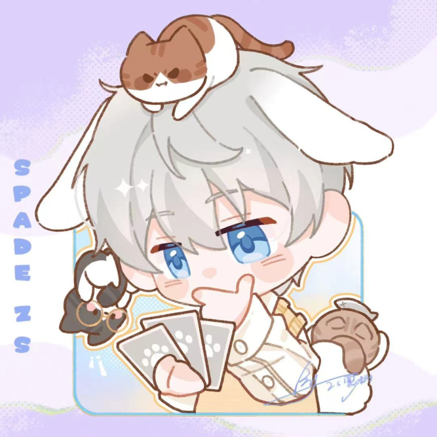 1boy animal_ears animal_on_head artist_name blue_eyes blush card cat cat_on_head chibi collared_shirt grey_hair hair_between_eyes holding holding_card kemonomimi_mode long_sleeves lop_rabbit_ears love_and_deepspace male_focus on_head outline purple_background rabbit rabbit_boy rabbit_ears rabbit_tail shirt short_hair signature simple_background solo sweater_vest tail thinking tuxedo_cat two-tone_background upper_body white_background white_outline white_shirt wing_collar xavier_(love_and_deepspace) yellow_outline yellow_sweater_vest zs_hetao