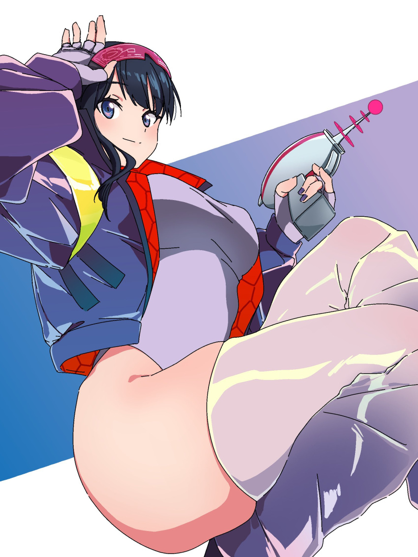 1girl absurdres ass black_hair blue_eyes blush breasts fingerless_gloves glasses gloves gridman_universe gridman_universe_(film) gun highres holding holding_gun holding_weapon kame_0_0_kame long_hair long_sleeves looking_at_viewer official_alternate_costume ponytail solo sunglasses takarada_rikka thick_thighs thighs weapon