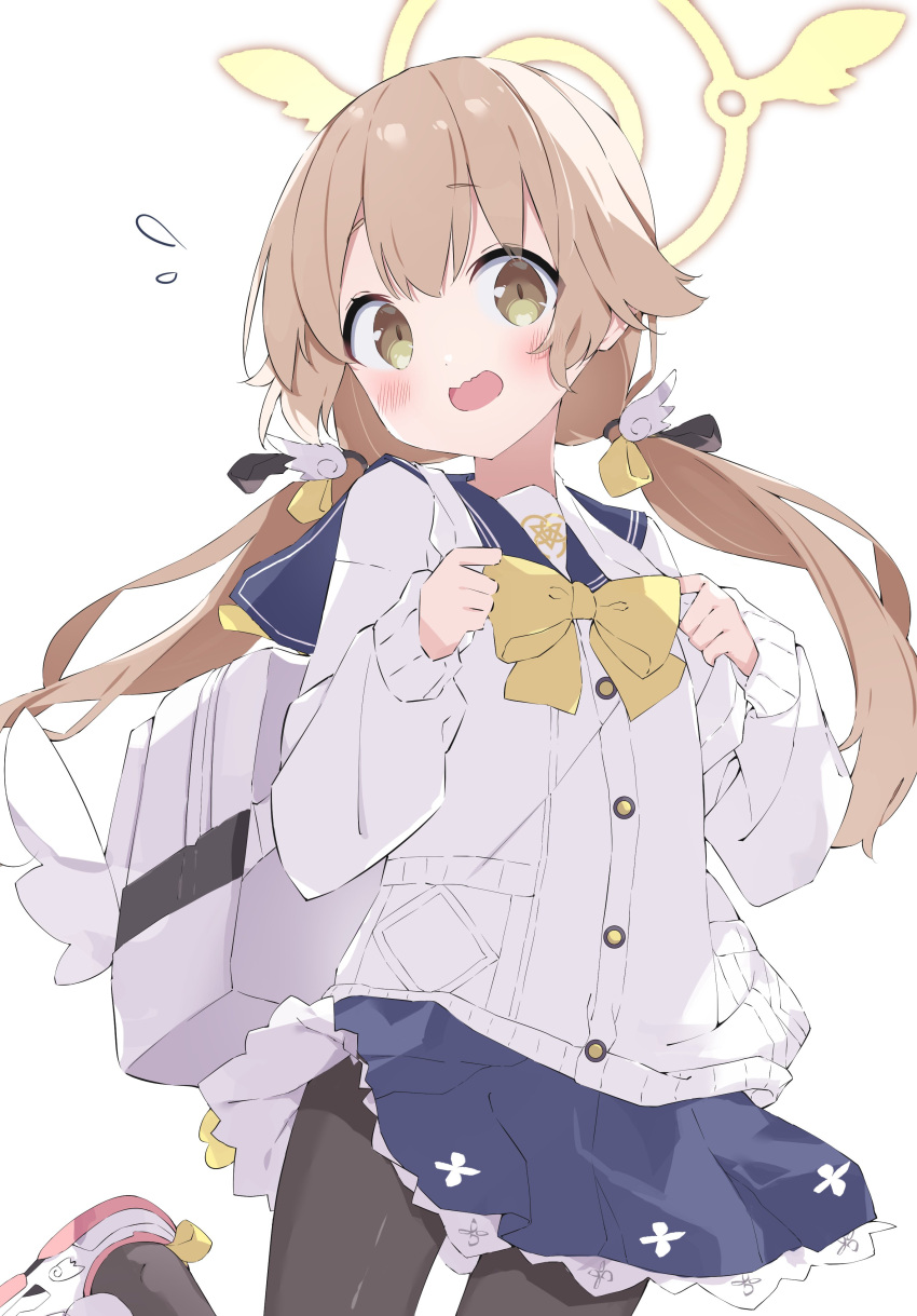 1girl :d absurdres backpack bag black_pantyhose blue_archive blue_sailor_collar blue_skirt blush bow brown_eyes brown_hair cardigan commentary_request halo hand_up hifumi_(blue_archive) highres long_hair long_sleeves looking_at_viewer low_twintails pantyhose pinching_sleeves pleated_skirt sailor_collar shoes simple_background skirt sleeves_past_wrists smile solo suta0822 teeth twintails upper_teeth_only very_long_hair white_background white_cardigan white_footwear wing_hair_ornament yellow_bow