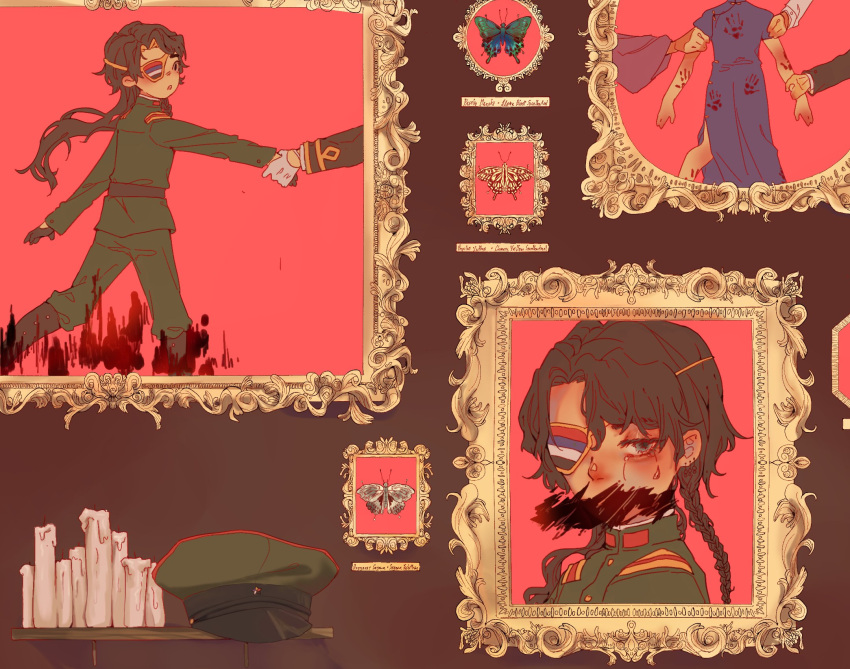 1boy androgynous black_hair bloody_handprints blue_dress blue_eyes braid bug butterfly buttons candle china_dress chinese_clothes crying crying_with_eyes_open dress epaulettes eyepatch grabbing_another's_arm green_jacket green_pants guiguxiaogui hat high_collar highres jacket long_hair manchukuo manchukuo_(guiguxiaogui) manchukuo_flag military_uniform original pants peaked_cap personification picture_frame pulled_by_another solo_focus tears uniform