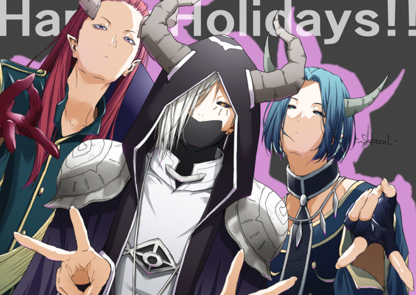 3boys armor artist_name black_hoodie black_sclera blue_eyes blue_gloves blue_hair collared_shirt colored_sclera covered_mouth demon_boy detached_collar double_v drop_shadow dutch_angle earrings english_text fingerless_gloves fingernails gloves grausam grey_background hair_over_one_eye hair_slicked_back half-closed_eyes hand_up hands_up hood hood_up hoodie horns jacket jewelry long_hair long_sleeves looking_at_viewer macht_(sousou_no_frieren) mask mouth_mask multiple_boys necklace necktie one_eye_covered parted_bangs pauldrons pointy_ears purple_jacket red_gloves redhead sakichi_(sakichi0915) schlacht_(sousou_no_frieren) shirt short_hair shoulder_armor simple_background sousou_no_frieren upper_body v white_hair white_shirt yellow_eyes