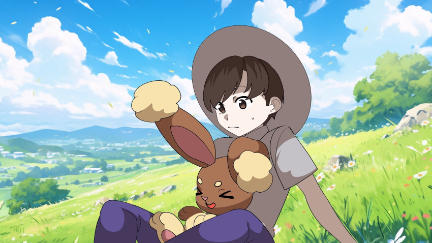 &gt;_&lt; 1boy arm_support blue_pants blue_sky brown_eyes brown_hair buneary bush closed_eyes closed_mouth clouds collared_shirt commentary_request day english_commentary florian_(pokemon) flower grapeanime grass grey_headwear grey_shirt happy hat highres leaning_back looking_at_another looking_down mixed-language_commentary on_ground open_mouth outdoors pants pawpads pokemon pokemon_(creature) pokemon_sv school_uniform shirt short_hair short_sleeves sitting sitting_on_lap sitting_on_person sky smile sweat swept_bangs white_flower