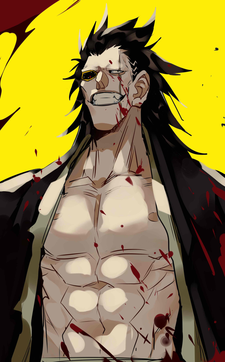 1boy abs absurdres black_eyes bleach blood blood_on_clothes blood_on_face collarbone eyepatch highres lonely_(3296659205) long_hair male_focus open_clothes open_shirt pectorals scar scar_across_eye shihakusho shinigami smile solo spiky_hair upper_body yellow_background zaraki_kenpachi