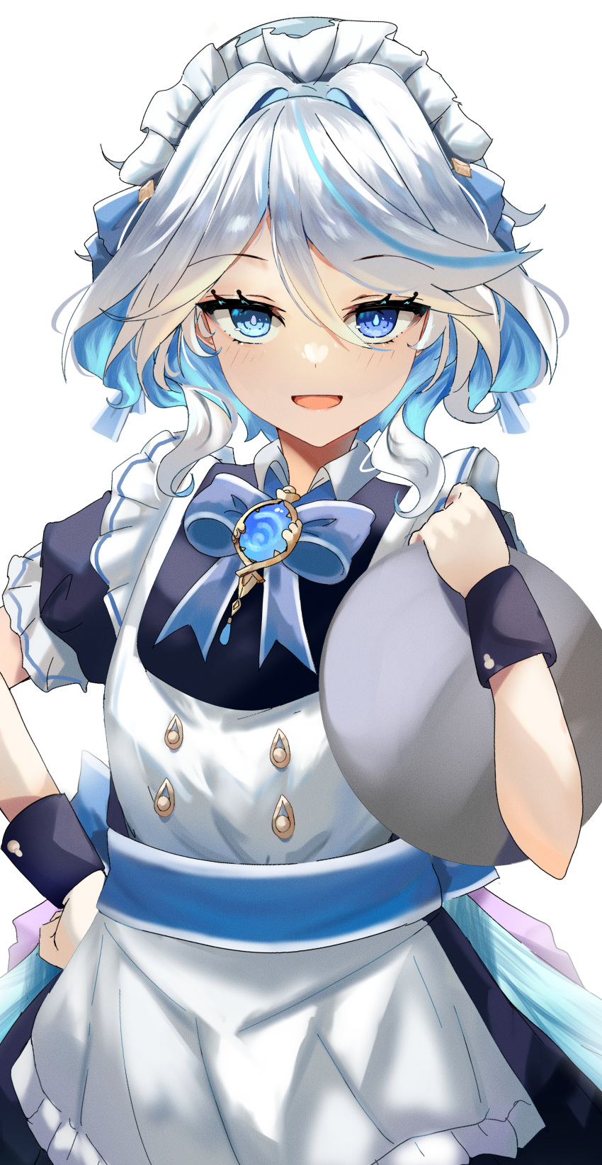 1girl :d absurdres alternate_costume apron bimmy blue_bow blue_bowtie blue_eyes blue_hair blush bow bowtie bright_pupils commentary english_commentary enmaided furina_(genshin_impact) genshin_impact hand_on_own_hip heterochromia highres holding long_hair looking_at_viewer maid maid_apron maid_headdress multicolored_hair open_mouth short_sleeves simple_background smile solo two-tone_hair white_apron white_background white_pupils