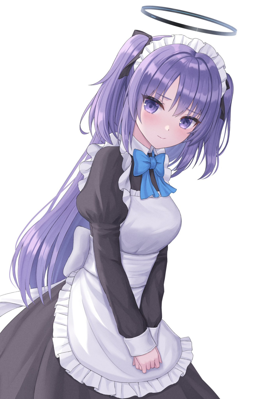 1girl alternate_costume apron black_dress blue_archive closed_mouth dress enmaided frilled_apron frills halo highres light_blush long_hair long_sleeves looking_at_viewer maid maid_apron maid_headdress purple_hair seungju_lee sidelocks simple_background smile solo triangle_hair_ornament two_side_up violet_eyes white_apron yuuka_(blue_archive)